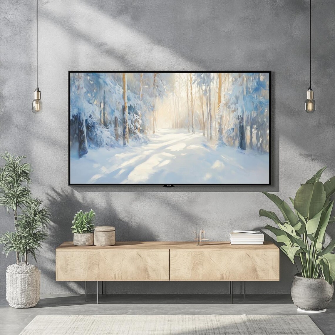 Sunlit Snowy Forest Path Winter Pines Landscape Oil Painting Poster - Image 2