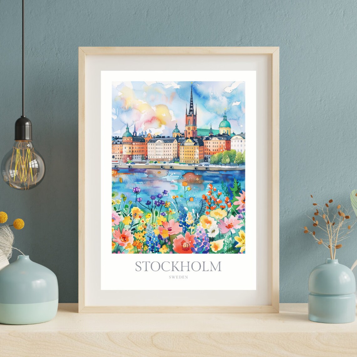 Stockholm Sweden Old Town Waterfront Wildflowers Watercolor Poster - Image 2