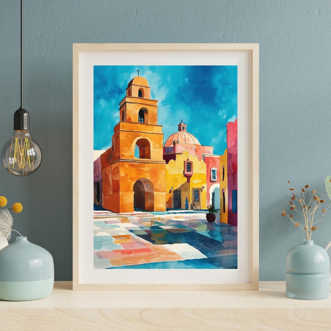 Mexico Colonial Church Plaza Colorful Watercolor Painting Wall Art - Image 2