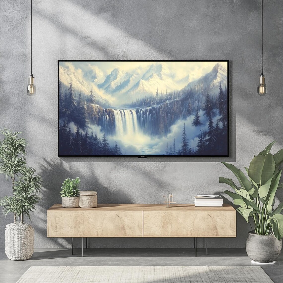 Winter Waterfall Snowy Mountain Vintage Oil Painting Landscape Poster - Image 2