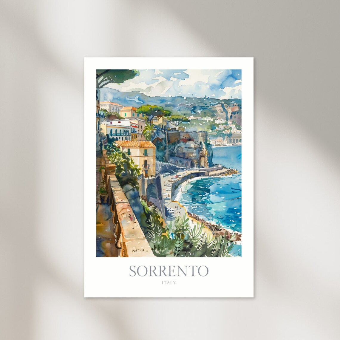Sorrento Italy Blue Sea Coastal Cliffs Watercolor Travel Art Poster