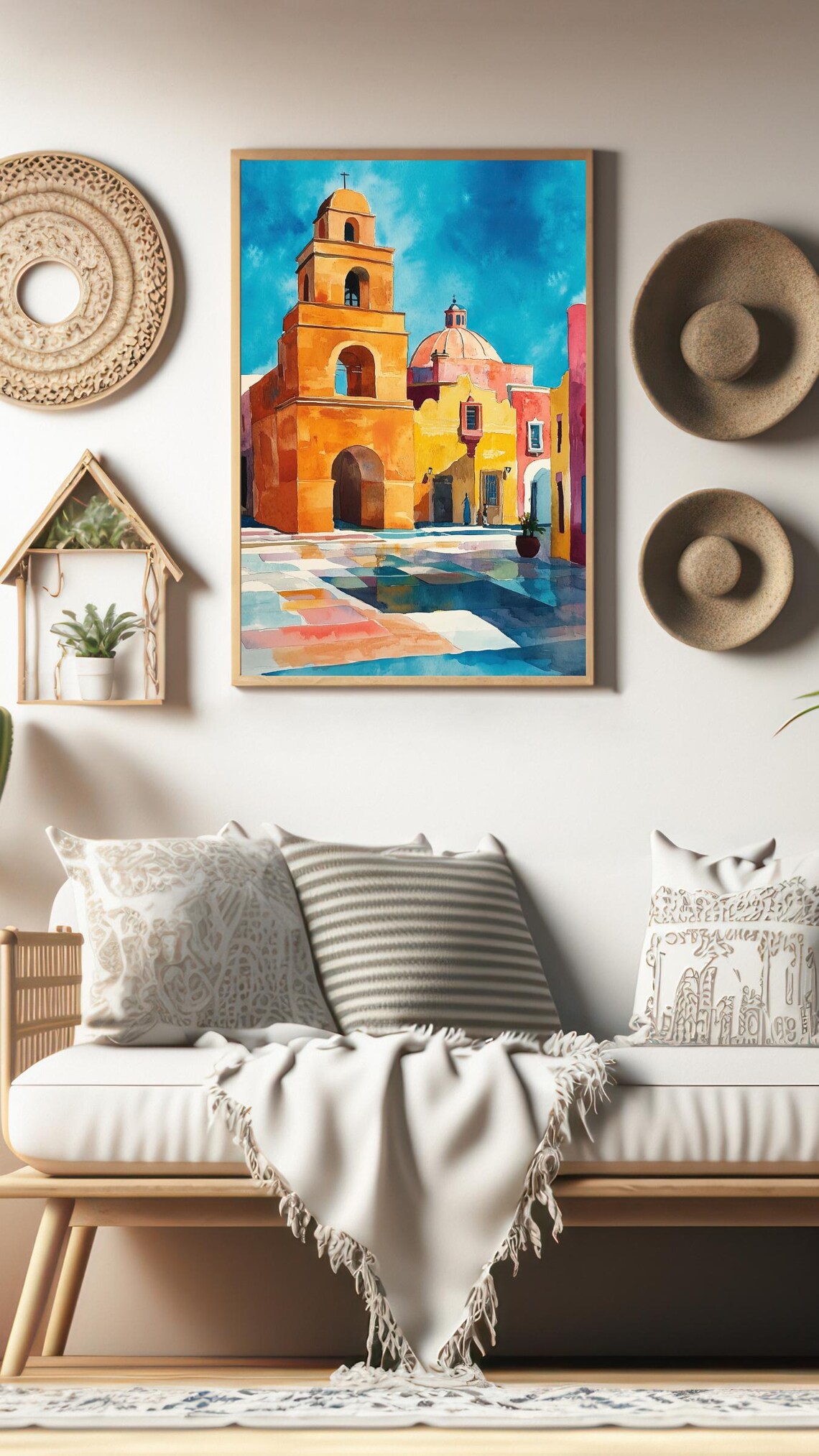 Mexico Colonial Church Plaza Colorful Watercolor Painting Wall Art - Image 3