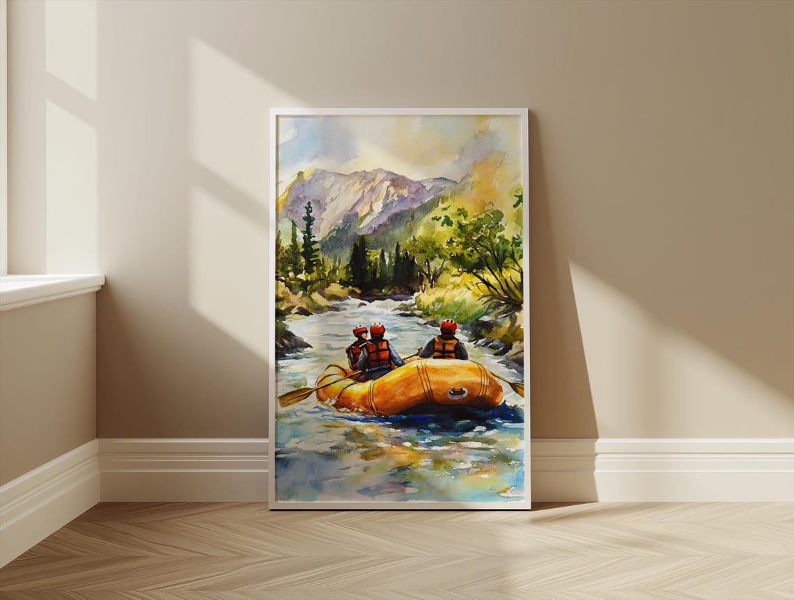 Whitewater Rafting Adventure Mountain River Watercolor Poster - Image 3