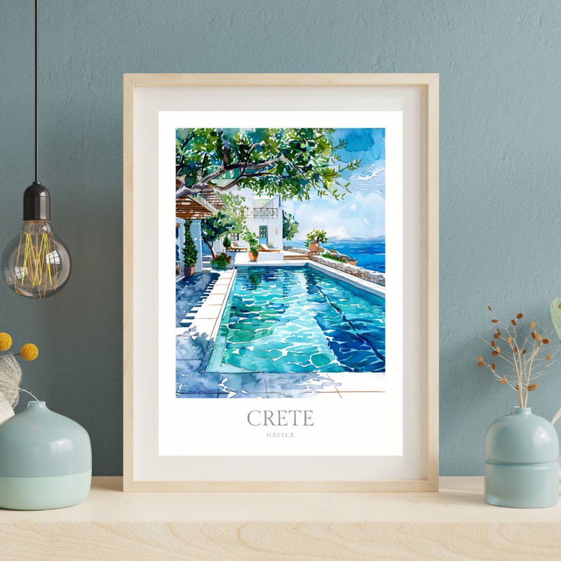 Crete Greece Seaside Villa Pool Terrace Aegean Watercolor Poster - Image 2