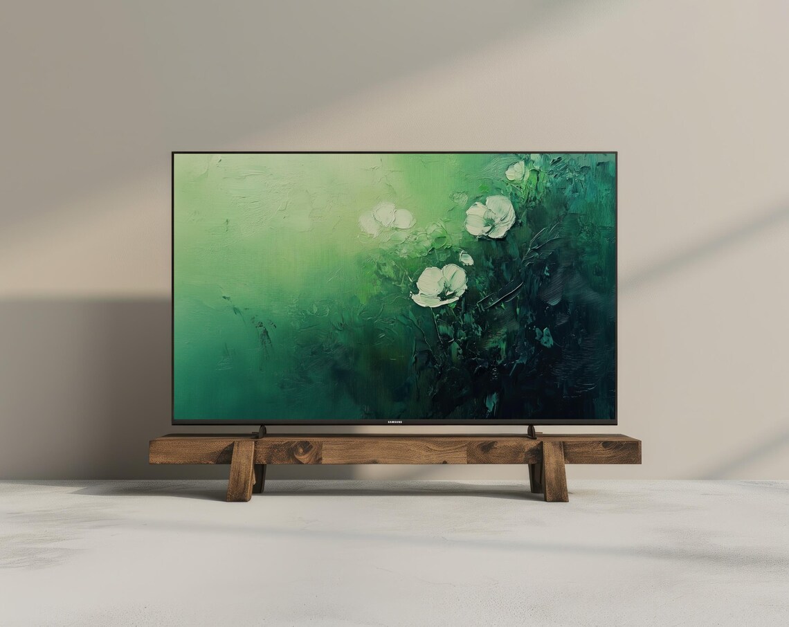 Green Abstract Emerald White Flowers Modern Oil Painting Frame TV Poster - Image 3