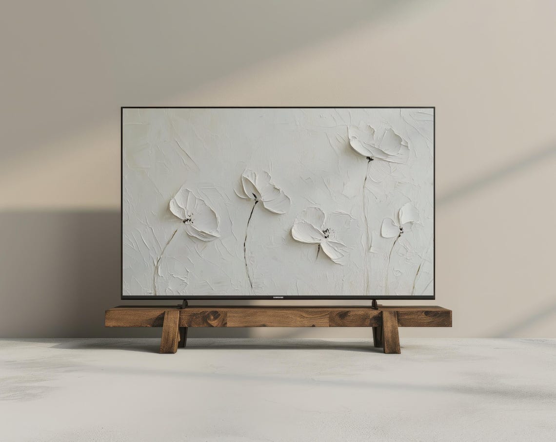 White Textured Poppies Neutral Impasto Minimalist Frame TV Art Print - Image 3