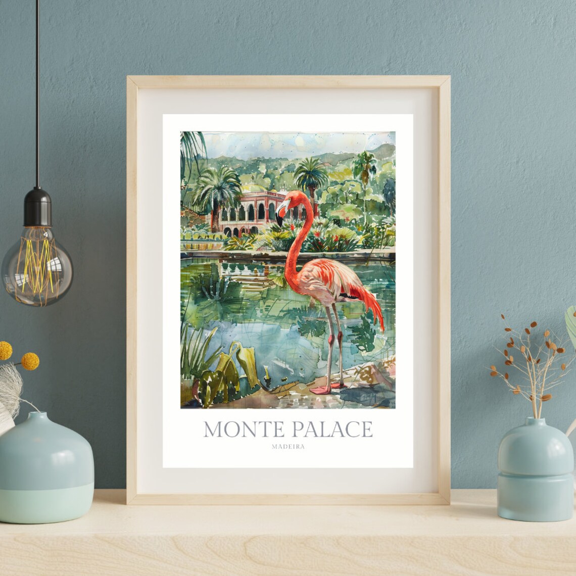 Monte Palace Madeira Flamingo Tropical Gardens Watercolor Poster - Image 2