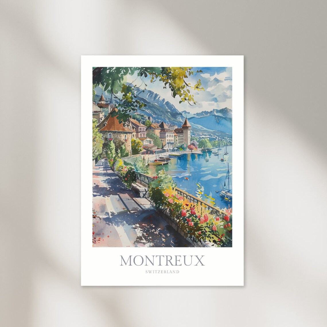 Montreux Switzerland Watercolor Art Print, Travel Poster