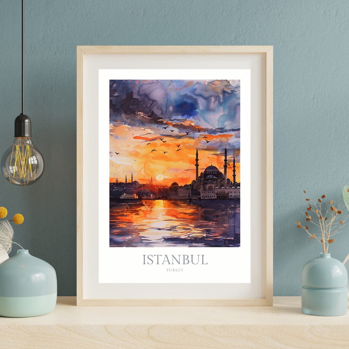 Istanbul Turkey Golden Sunset Mosque Bosphorus Watercolor Poster - Image 2