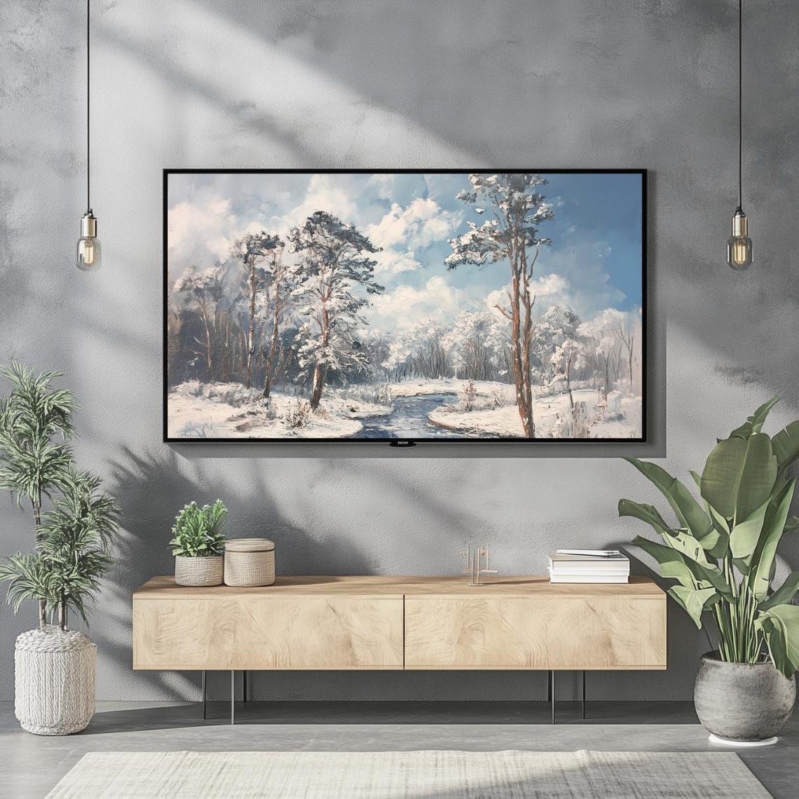 Winter Snowy Pine Forest Stream Landscape Digital Frame Tv Wall Art