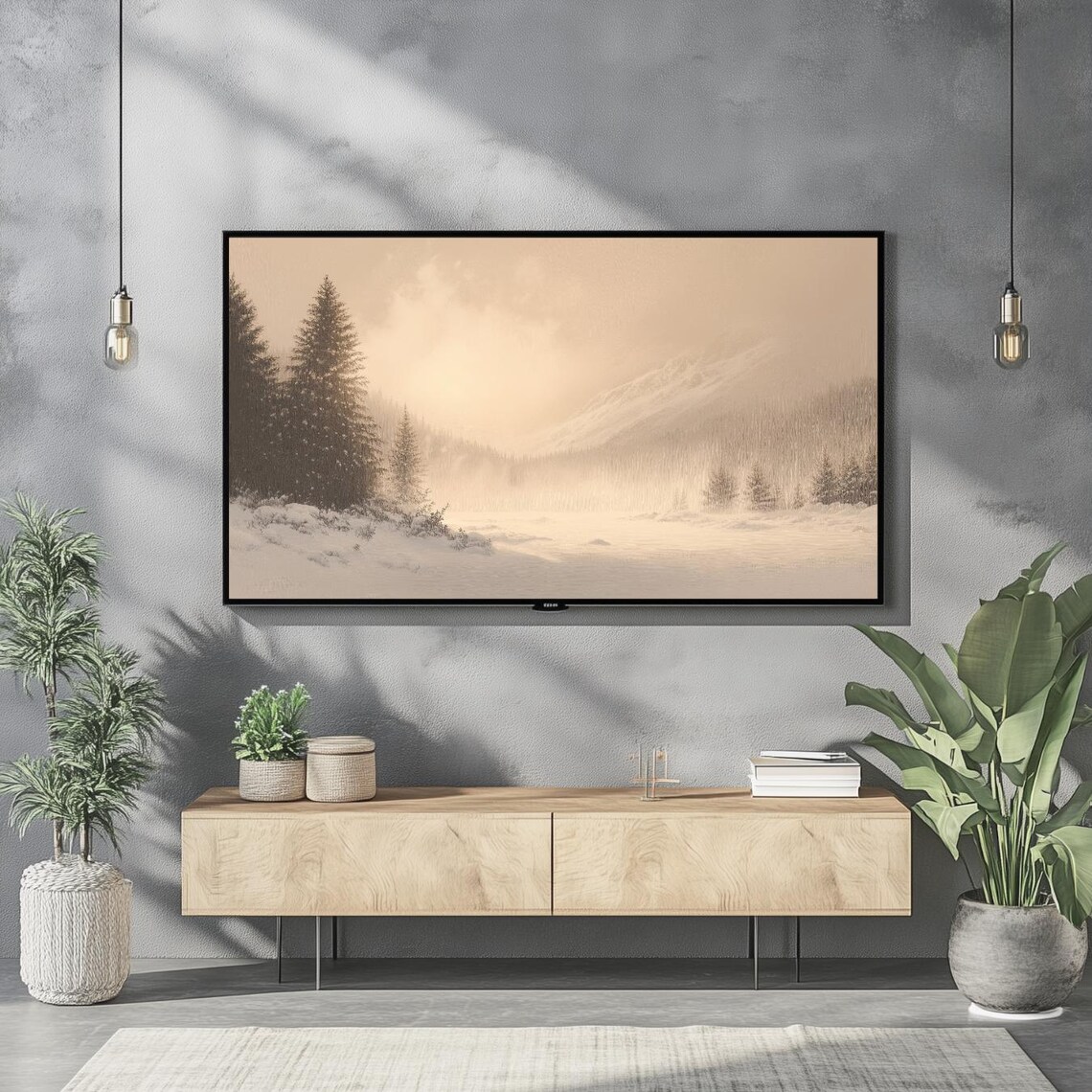 Snowy Pine Trees Winter Sunrise Warm Beige Landscape Frame TV Poster - Image 2