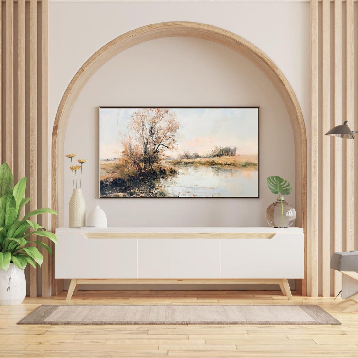Autumn Lakeside Tree Vintage Oil Painting Style Digital Wall Art