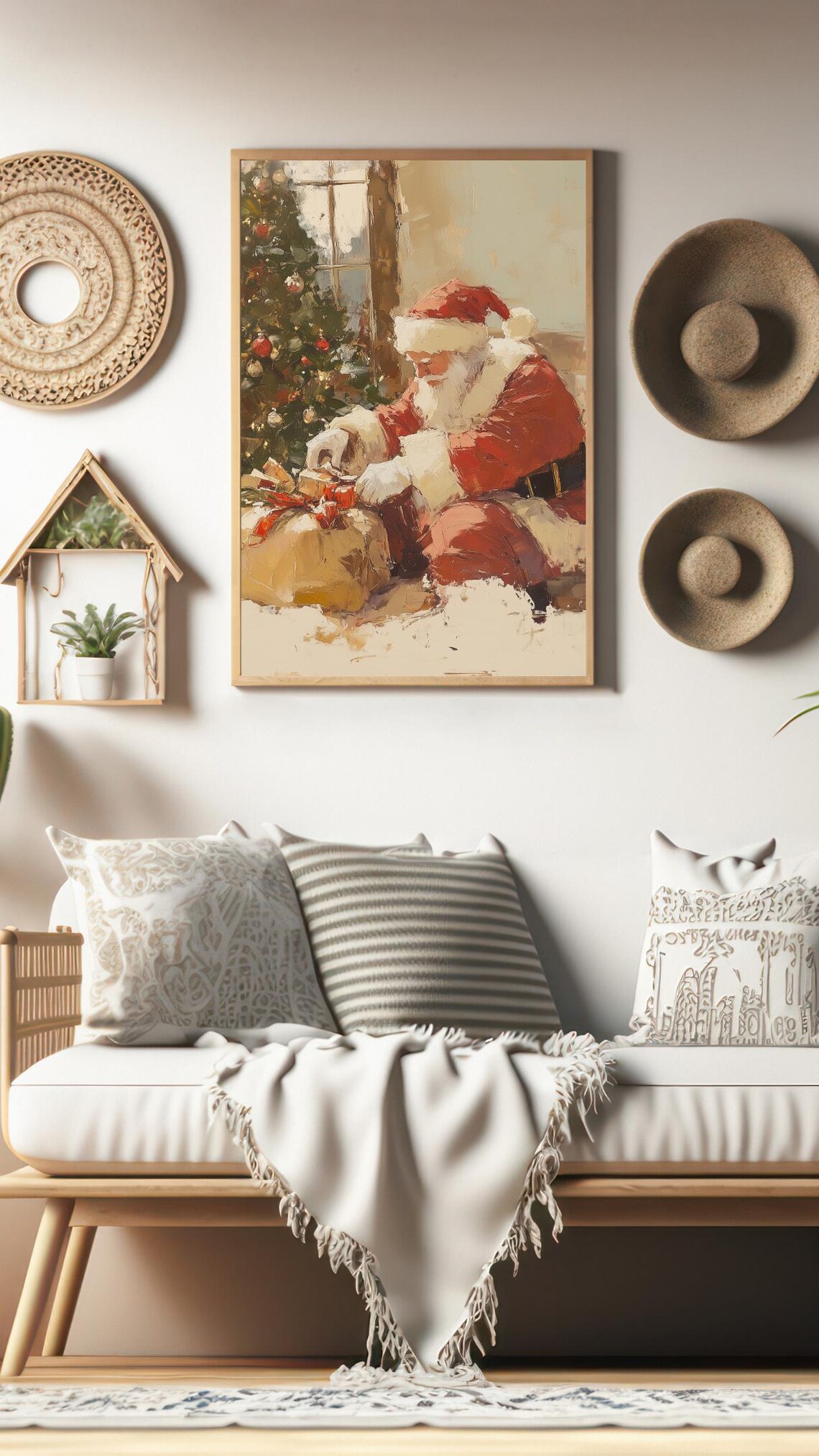 Santa Claus Vintage Christmas Oil Painting Holiday Gift Wall Art - Image 2