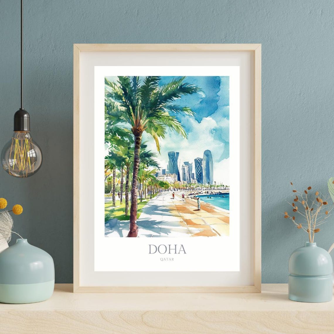 Doha Qatar Waterfront Promenade Skyline Watercolor Travel Art Poster - Image 2