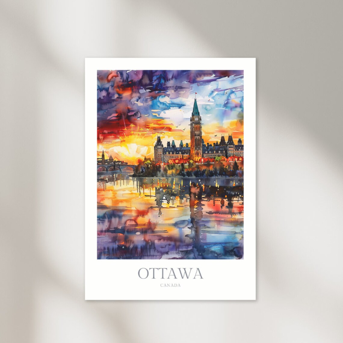 Ottawa Canada Parliament Sunset Watercolor City Travel Poster