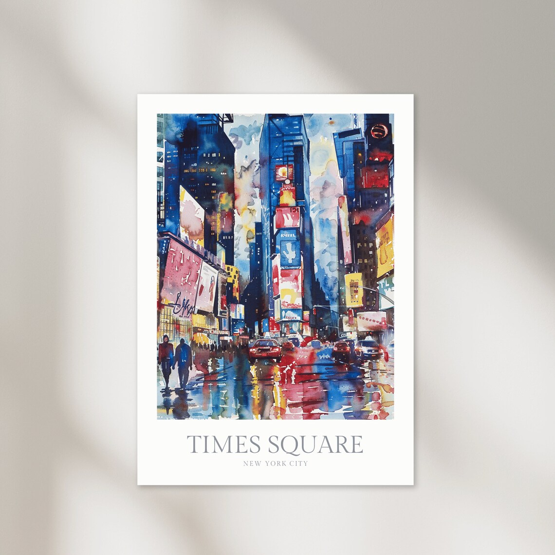 Times Square New York City Neon Night Watercolor Travel Poster
