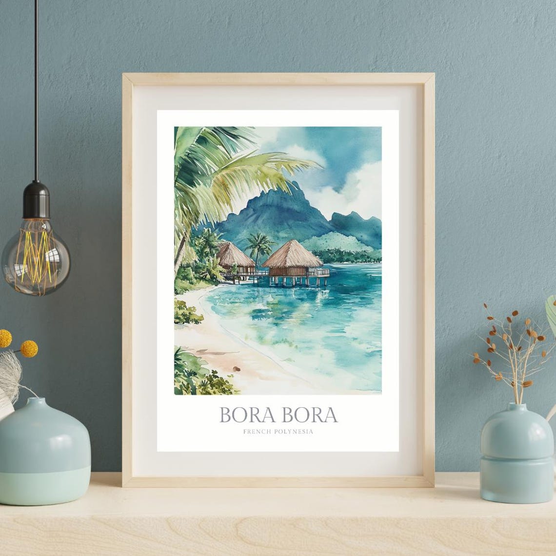 Bora Bora French Polynesia Overwater Bungalow Beach Watercolor Poster - Image 2