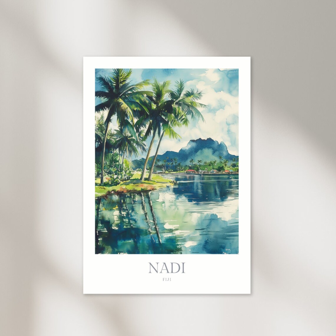 Nadi Fiji Tropical Lagoon Palm Trees Watercolor Travel Poster