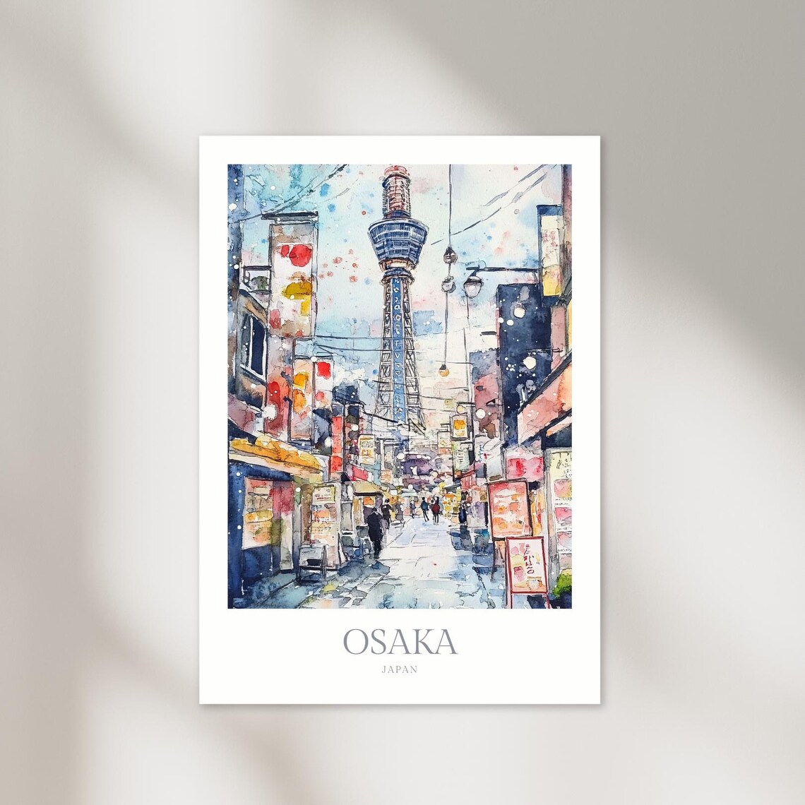 Osaka Japan Tsutenkaku Tower Old Street Watercolor City Poster Art