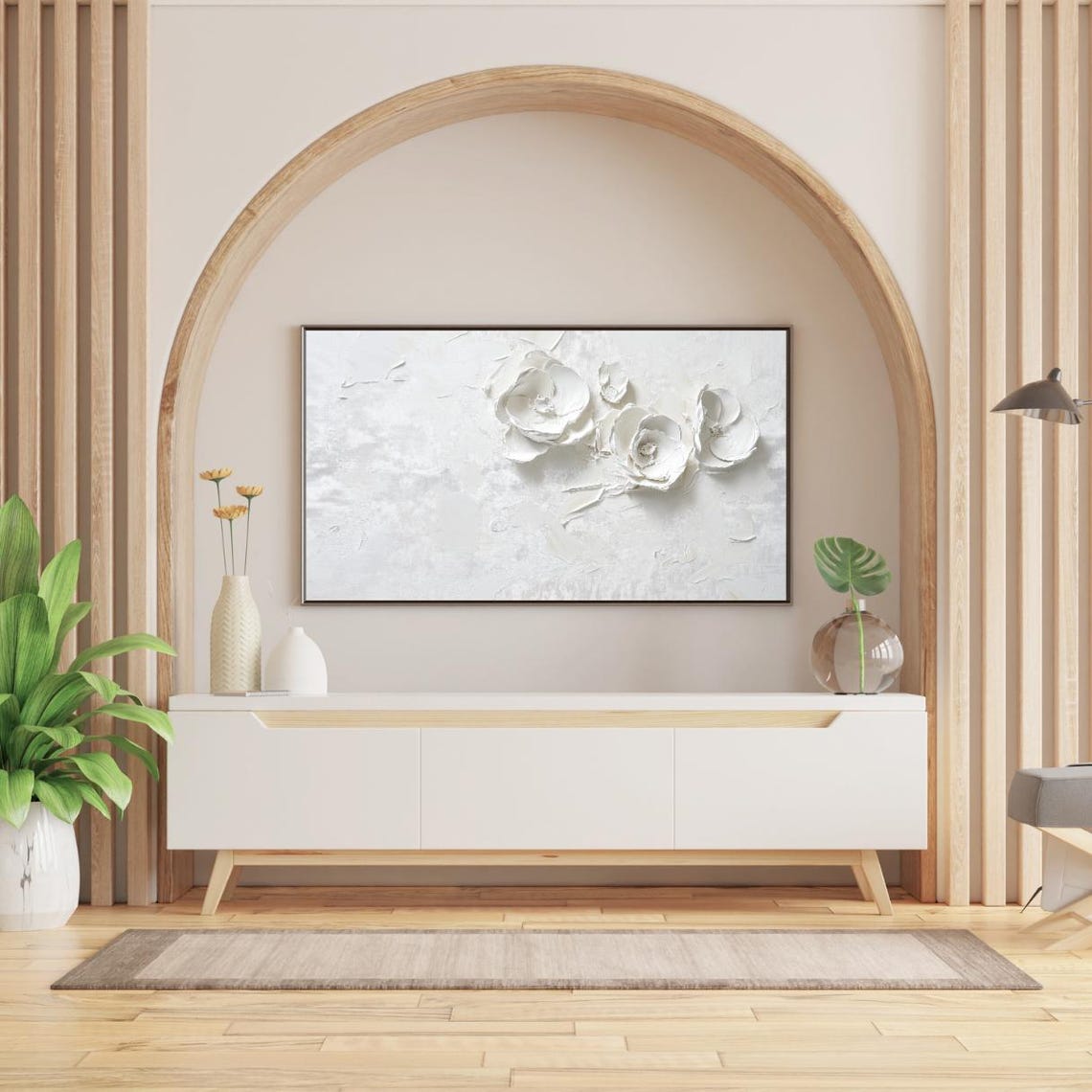 White 3D Impasto Flowers Textured Minimalist Neutral Floral Wall Art - Image 2