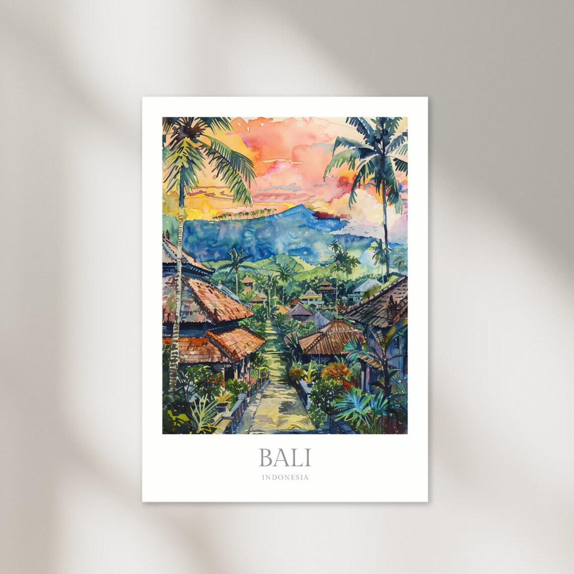Bali Indonesia Watercolor Travel Poster, Wall Art Print