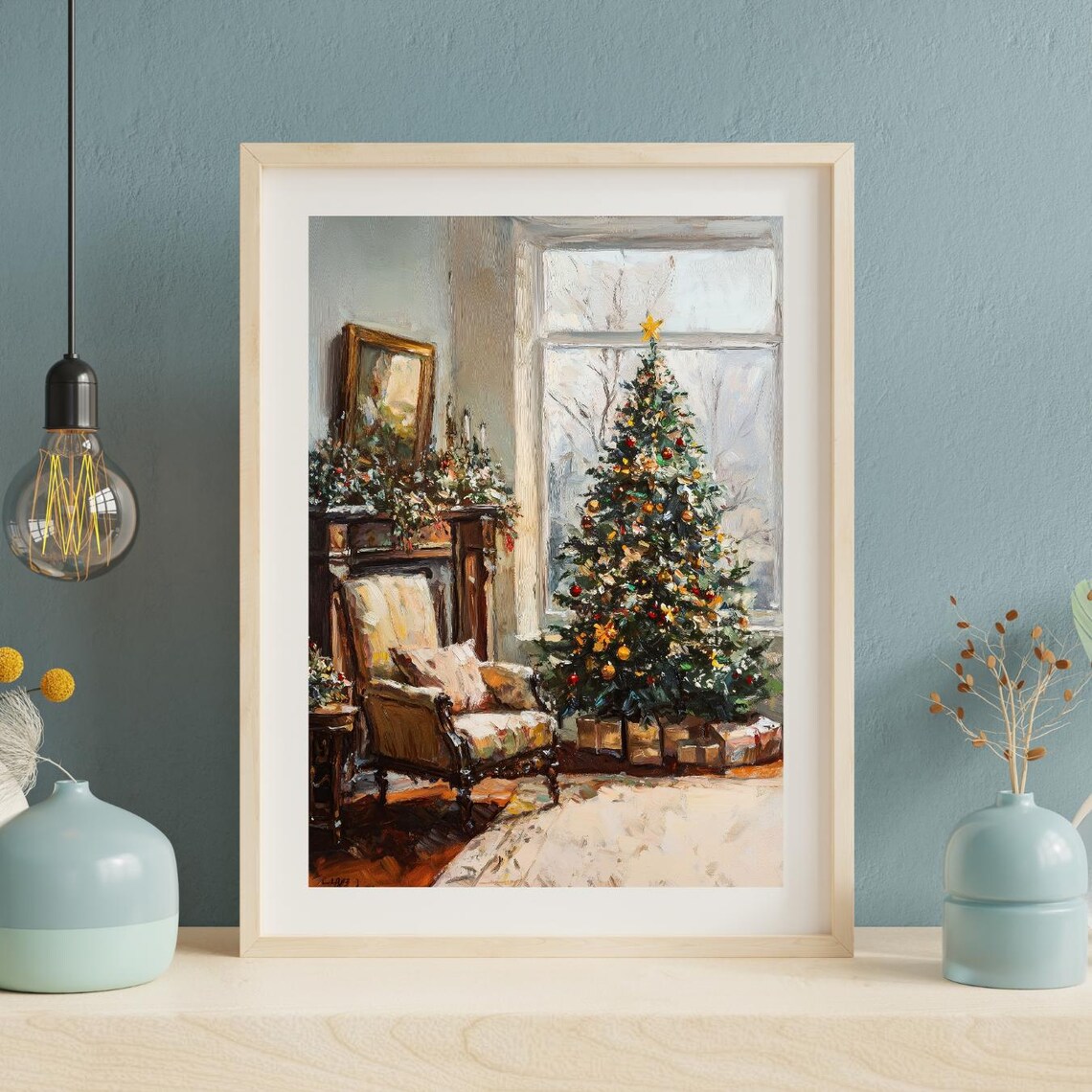 Cozy Christmas Tree Living Room Vintage Oil Painting Holiday Wall Art - Image 2