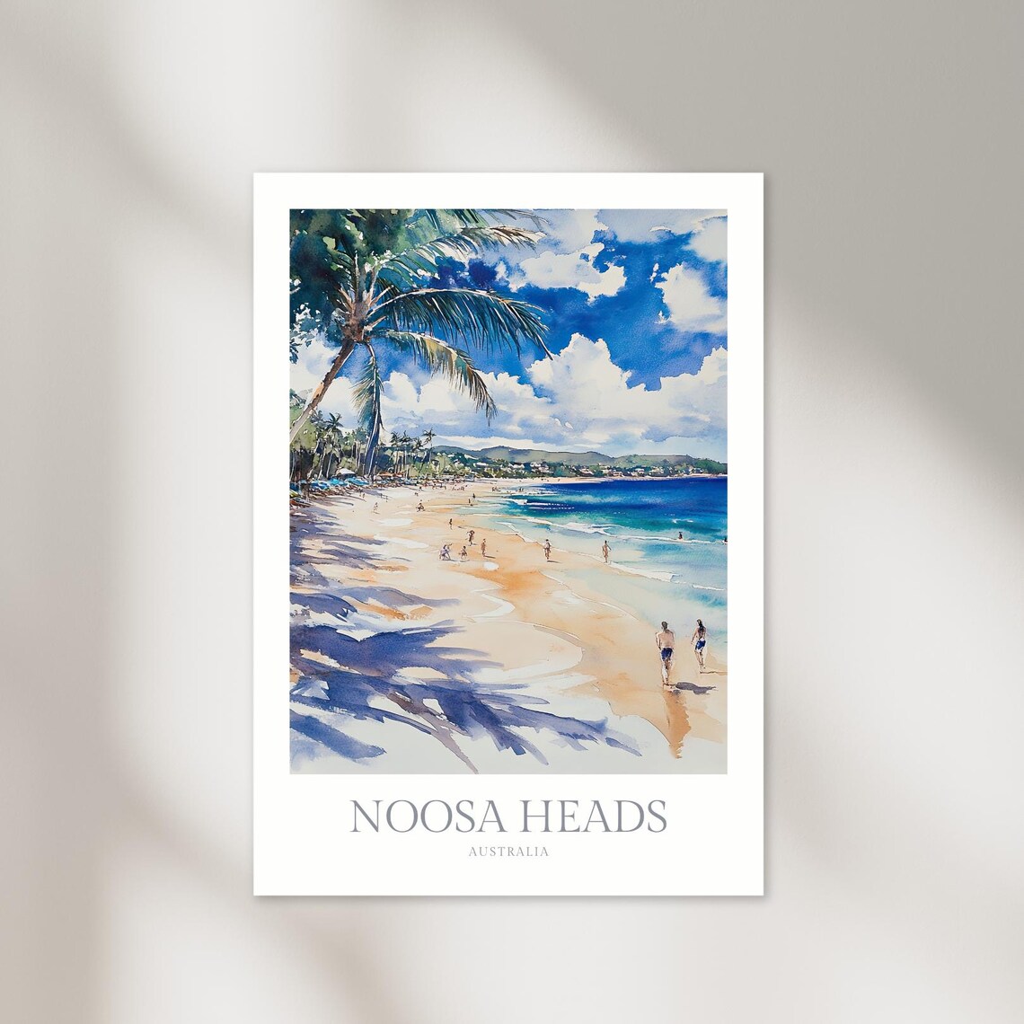 Noosa Heads Australia Watercolor Beach Palm Trees Travel Poster