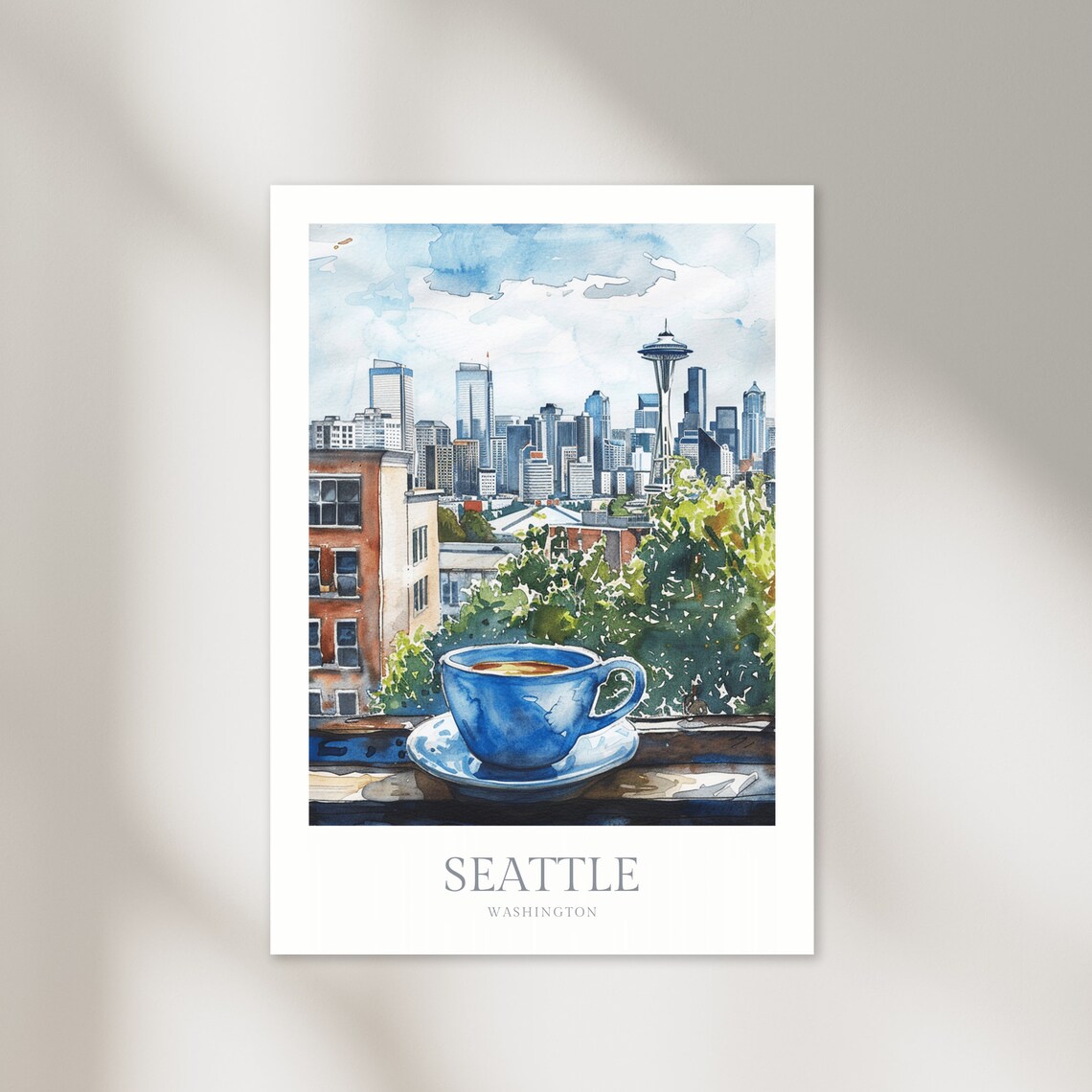 Seattle Washington Watercolor Space Needle Coffee Cup Skyline Poster