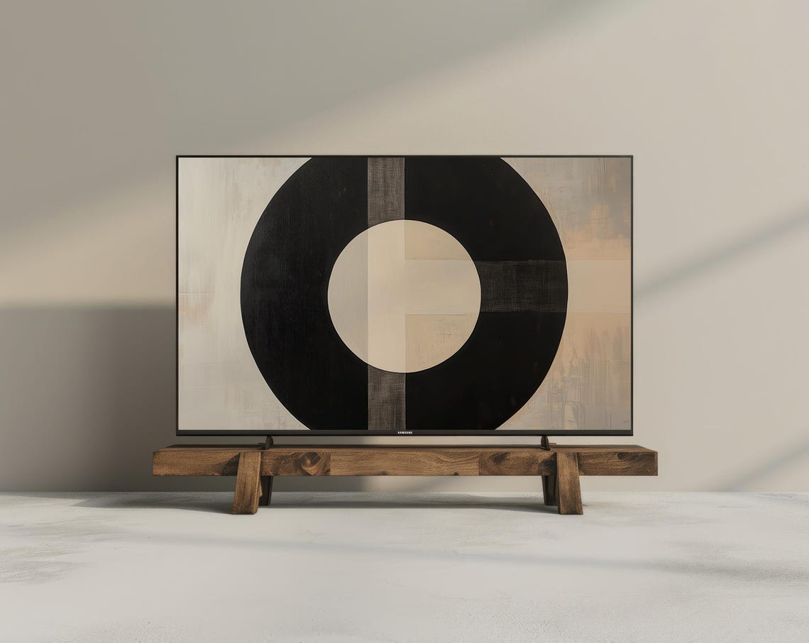 Bold Black Circle Geometric Abstract Neutral Canvas Frame TV Poster - Image 3