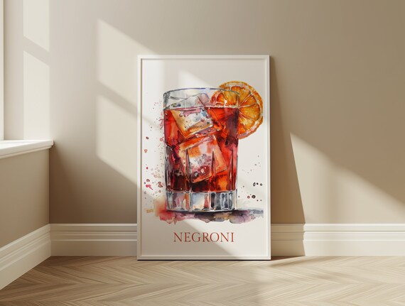 Negroni Cocktail Orange Slice Watercolor Bar Kitchen Decor Poster