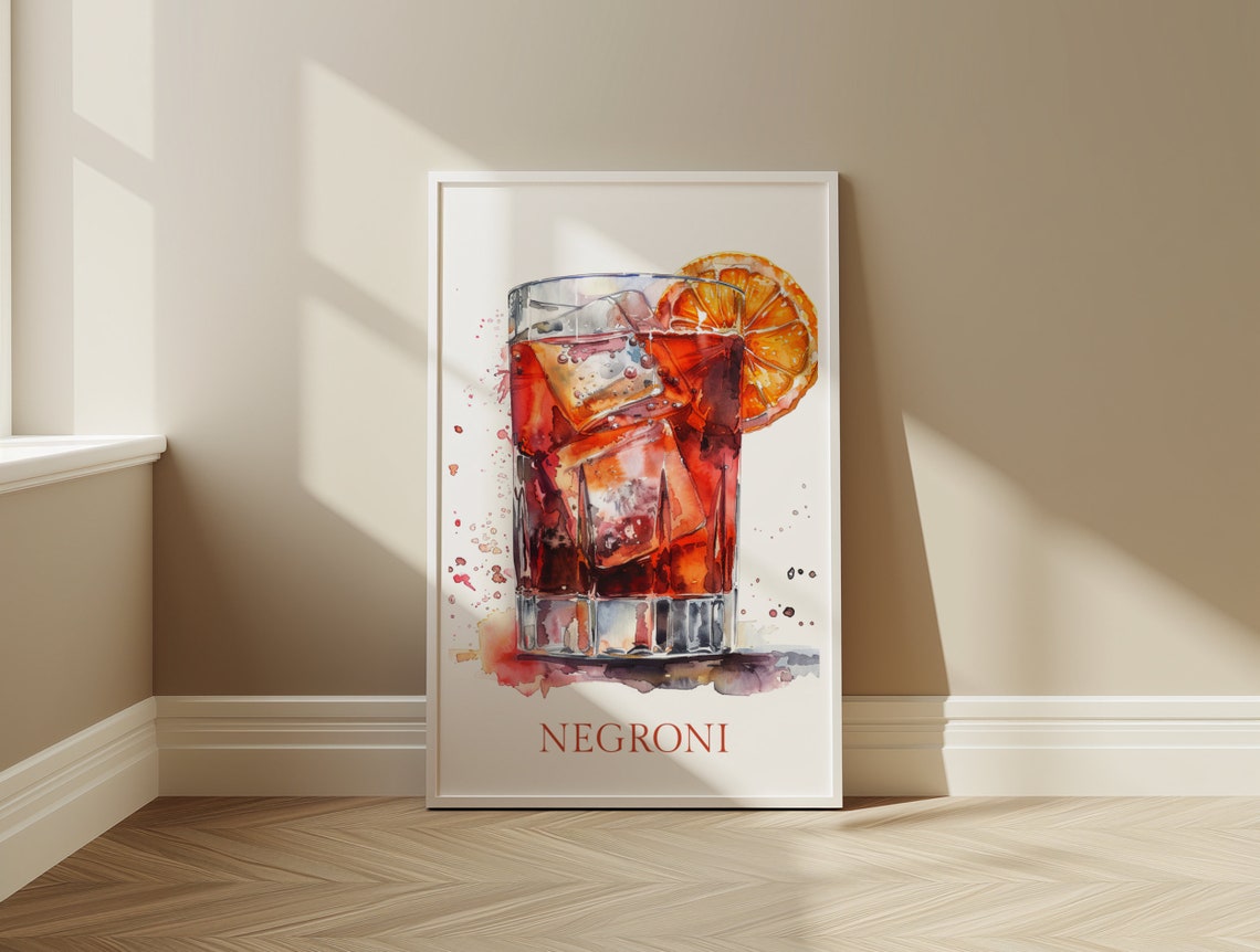 Negroni Cocktail Orange Slice Watercolor Bar Kitchen Decor Poster