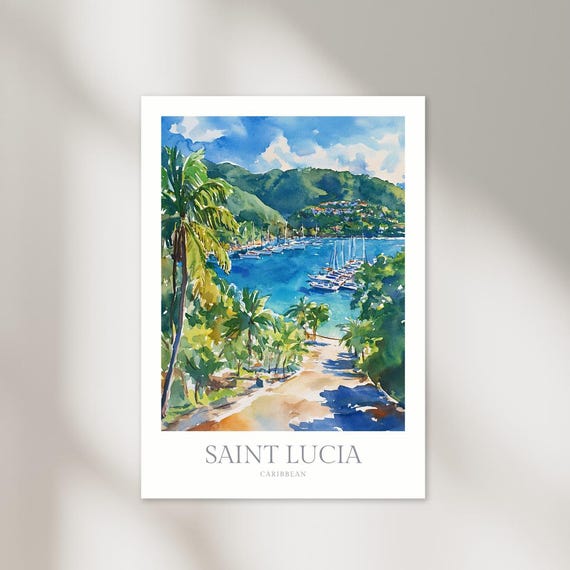 Saint Lucia Caribbean Marina Bay Palm Beach Watercolor Poster