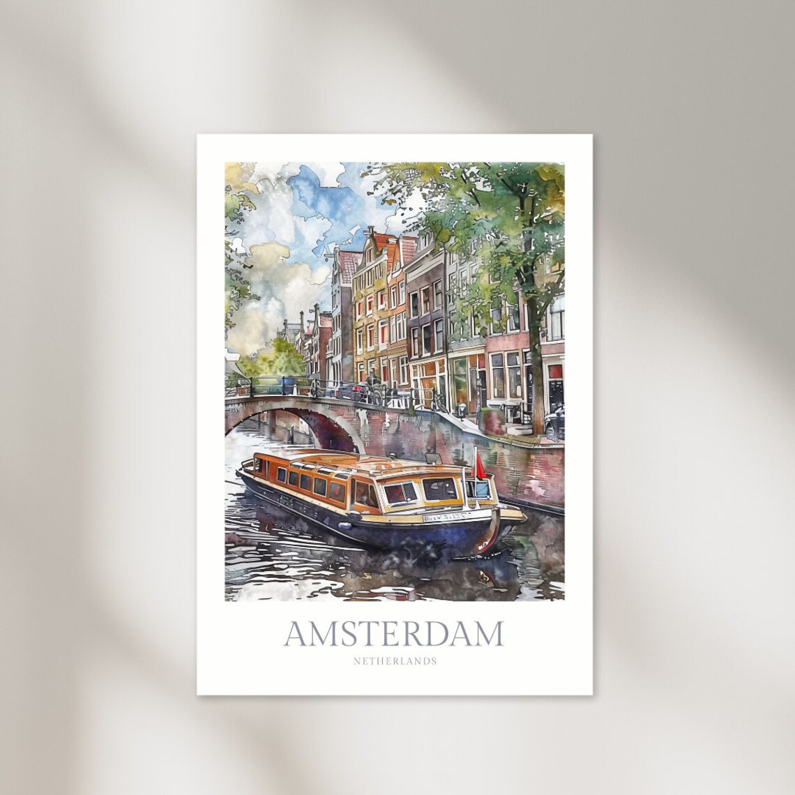 Amsterdam Netherlands Watercolor Travel Poster, Canal Cruise