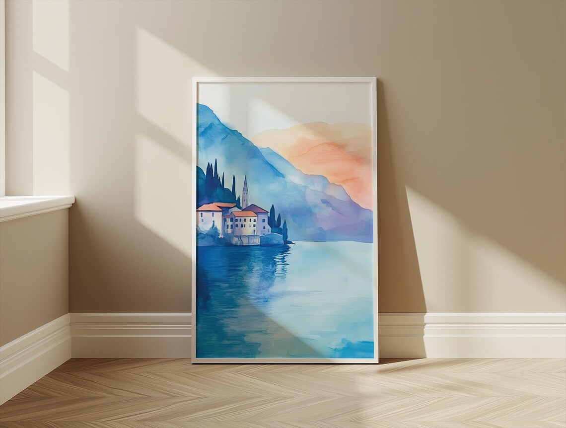 Lake Iseo Italy Sunset Lakeside Village Watercolor Poster Art - Image 3