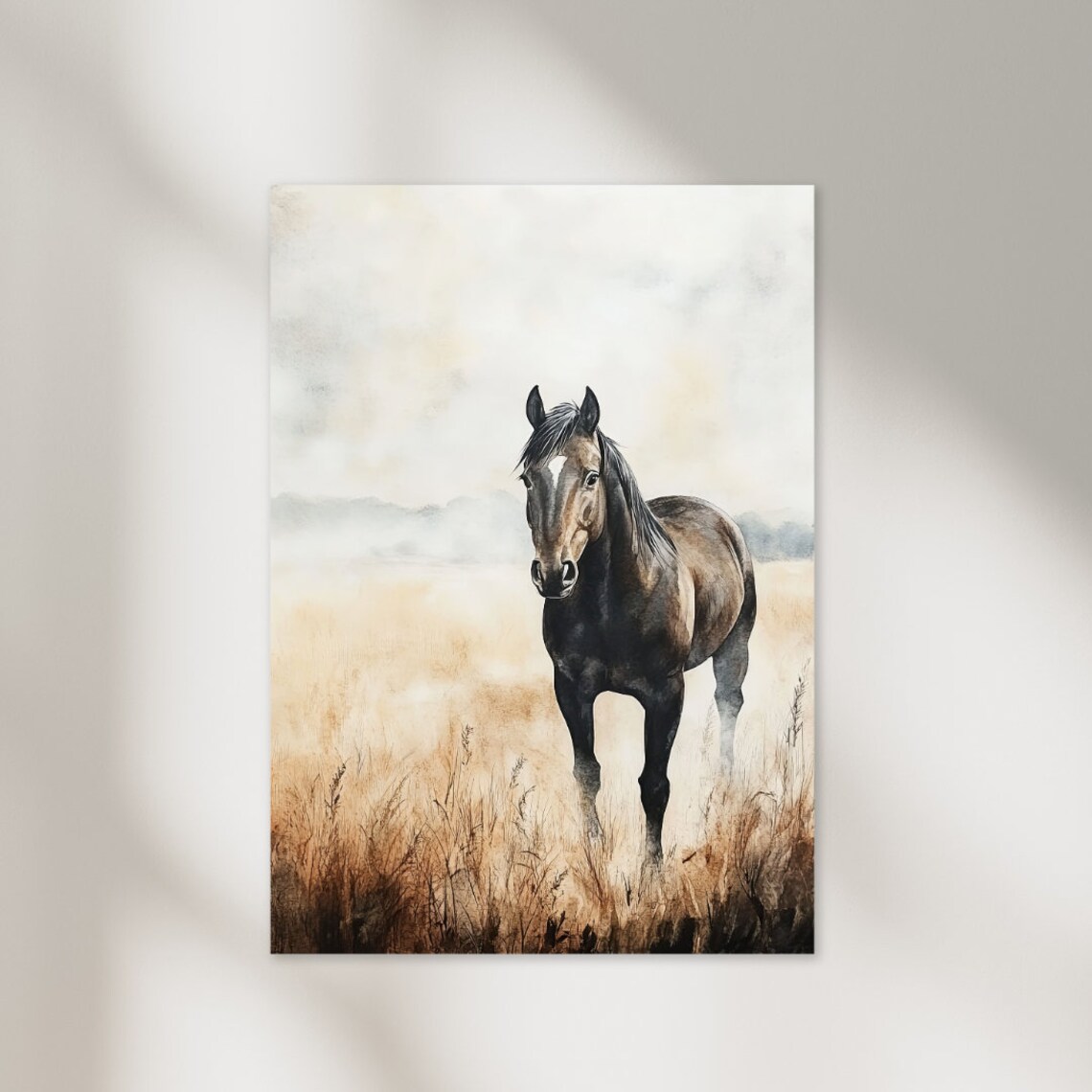 Majestic Black Horse Standing in Golden Field Watercolor Poster
