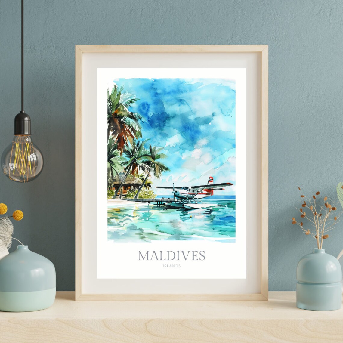 Maldives Islands Seaplane Tropical Island Dock Watercolor Poster - Image 2