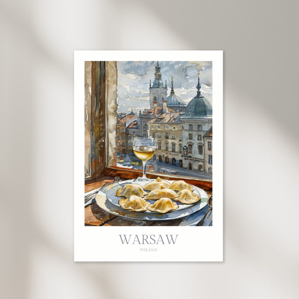 Warsaw Poland Pierogi Wine Window City View Watercolor Travel Poster
