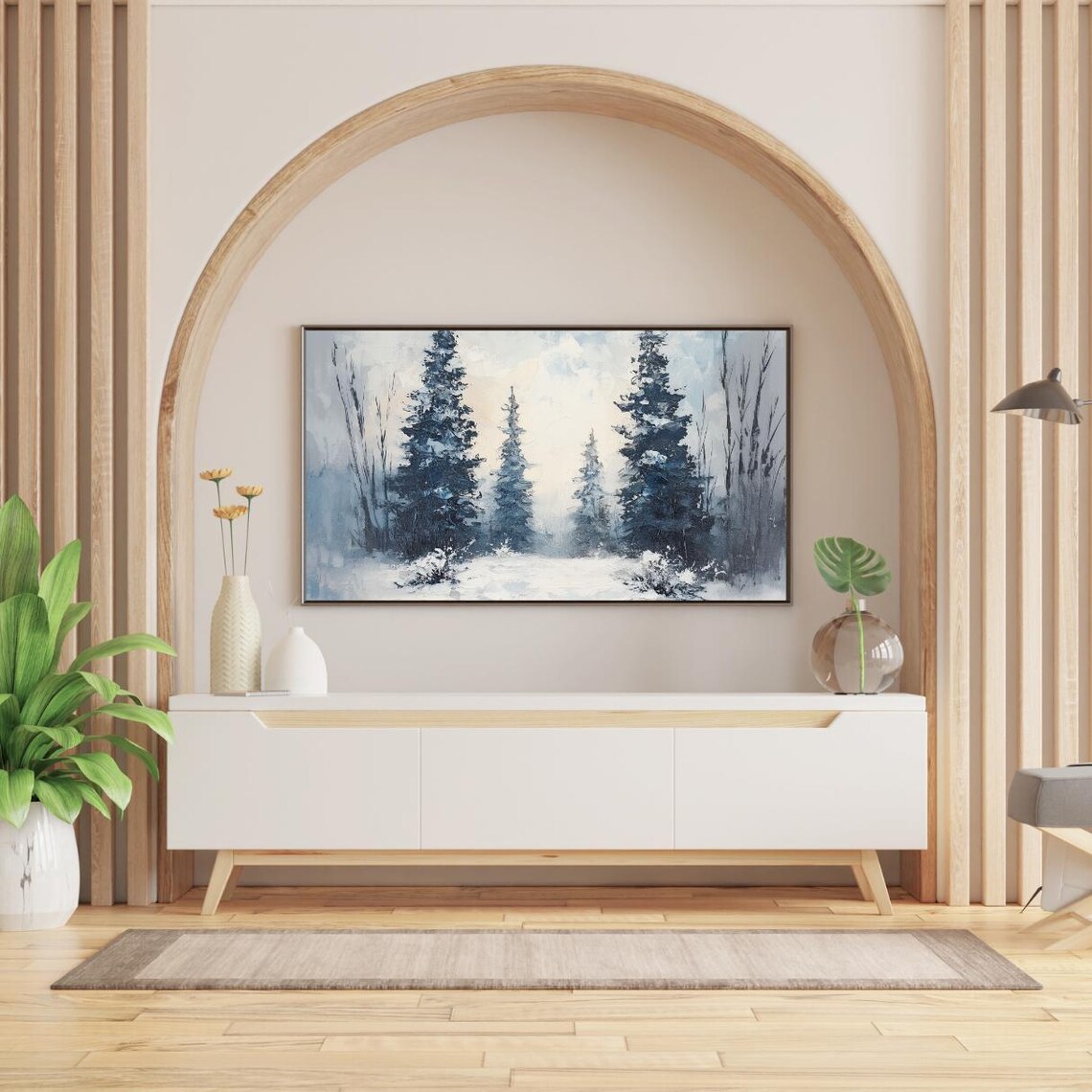 Winter Forest Vintage Oil Painting Snowy Pines Frame Tv Wall Art