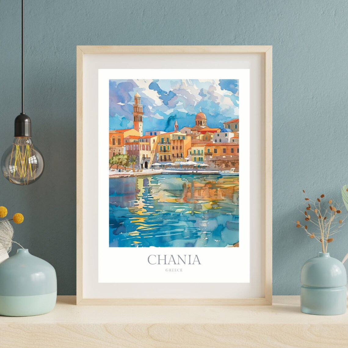 Chania Greece Watercolor Travel Poster, Venetian Harbour - Image 2