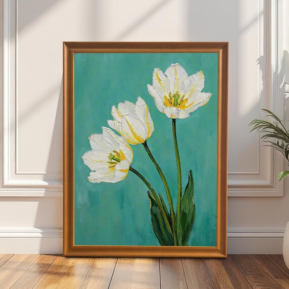 White Tulips On Teal Background Textured Oil Painting Floral Poster