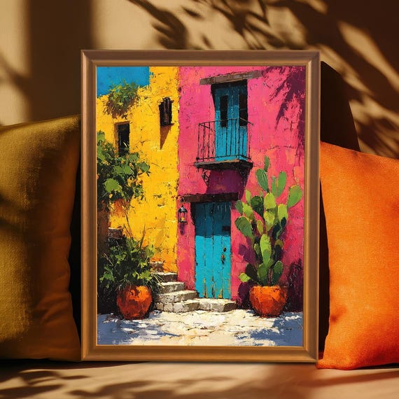 Vibrant House Art Oil Painting Print Pink Yellow Architecture Cactus Wood Framed Wall Decor