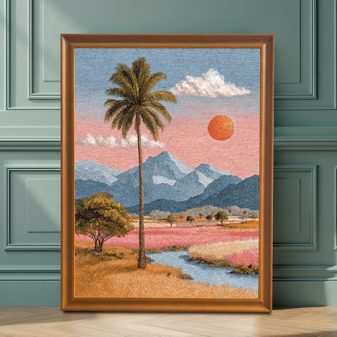 Tropical Sunset Palm Tree Wood Framed Art Print Pastel Desert Landscape Wall Decor