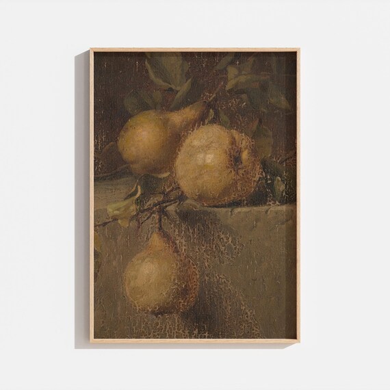 Vintage Still Life Fruit Painting Pear Kitchen Painting Antique Farmhouse Decor French Countryside Art