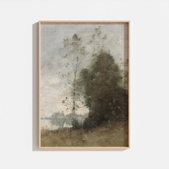 Vintage Tree Landscape Painting Farmhouse Cottage Style Art