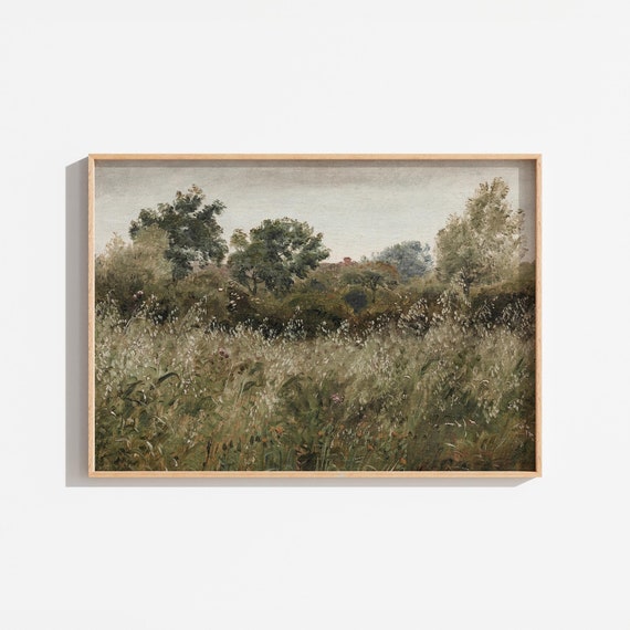 Vintage Landscape Field Painting Farmhouse Cottage Style Art