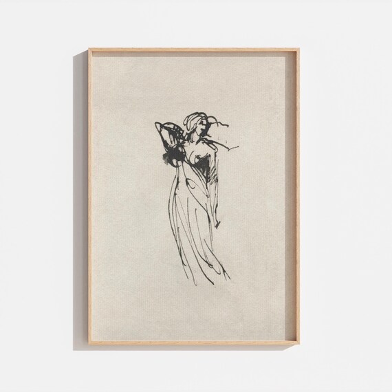 Vintage Ink Sketch Woman Drapery Figure Minimalist Antique Line Art Poster