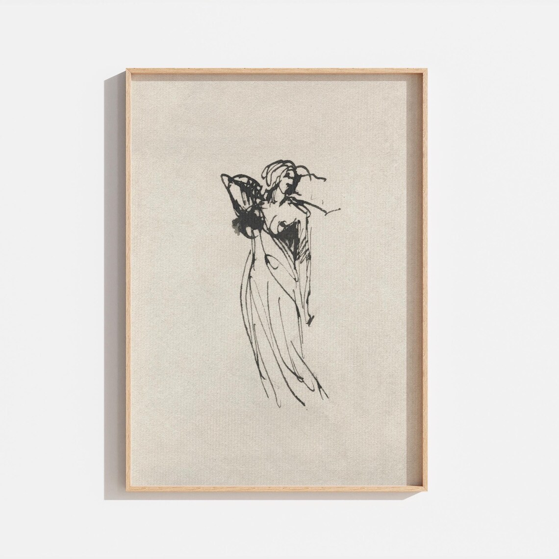 Vintage Ink Sketch Woman Drapery Figure Minimalist Antique Line Art Poster