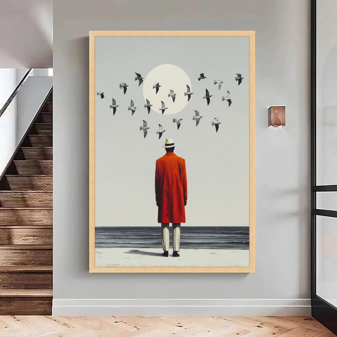Seaside Man In Red Coat Print Minimalist Silhouette Wall Art