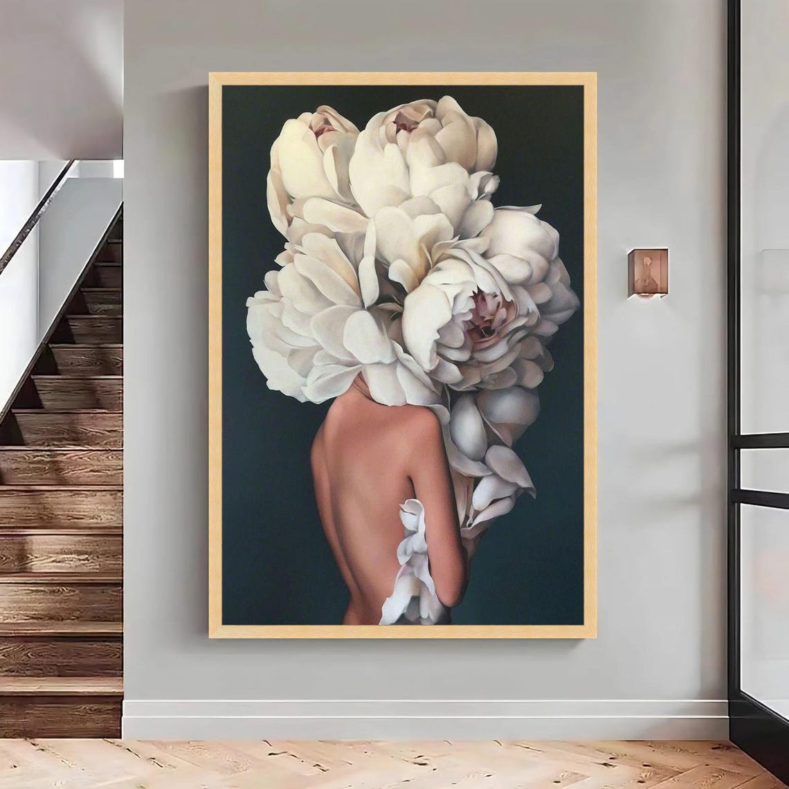 Surreal Woman with Giant White Peonies Floral Artwork Poster