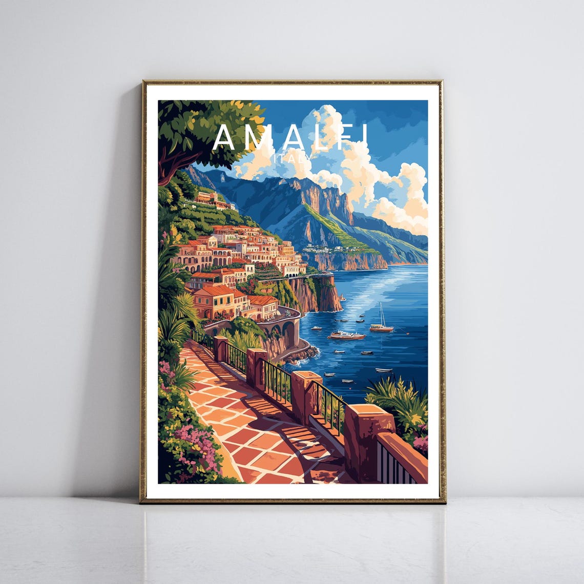Amalfi Coast Italy Cliffside Village Seaside Terrace Travel Poster